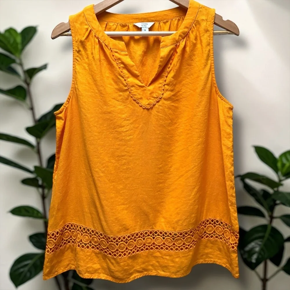 Crown & Ivy Womens Marigold Orange 100% Linen Eyelet Lace Sleeveless Top M - Picture 2 of 8